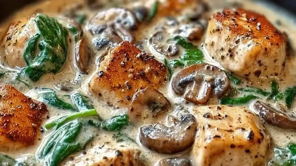 Delicious creamy Chicken Mushroom Spinach Skillet served in a pan