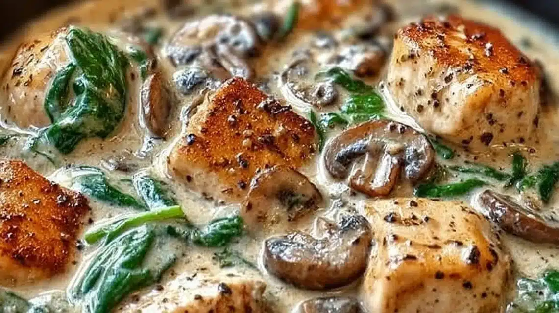 Delicious creamy Chicken Mushroom Spinach Skillet served in a pan