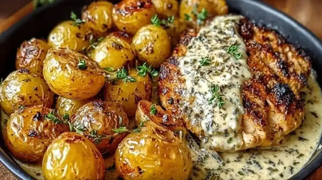 Creamy garlic chicken served with roasted potatoes for a hearty meal