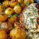 Creamy garlic chicken served with roasted potatoes for a hearty meal