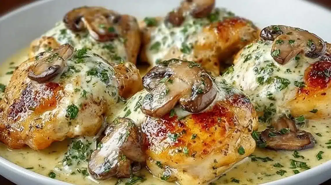 Creamy garlic mushroom chicken thighs served on a plate with fresh herbs.