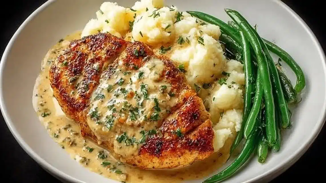 The Best Crispy Parmesan Chicken for Busy Weeknights 1 Creamy Garlic Parmesan Chicken Cutlets served on a plate with herbs