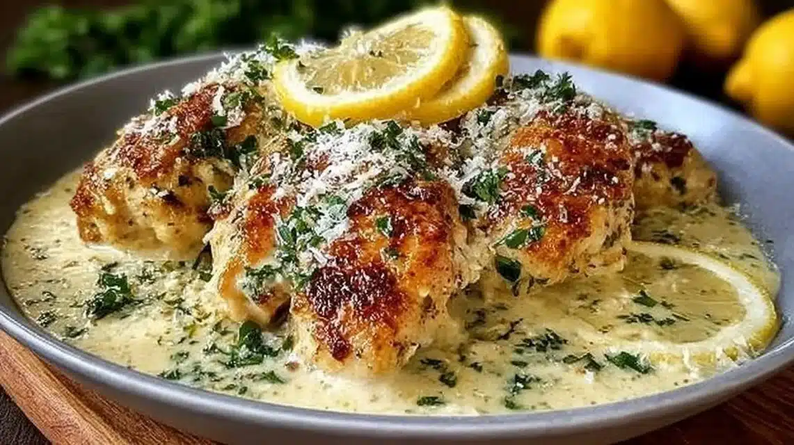 Creamy lemon chicken garnished with Parmesan sauce on a plate