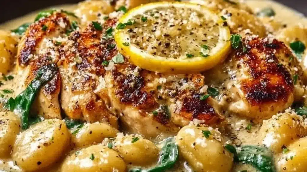 Creamy lemon parmesan chicken gnocchi with herbs and cheese.
