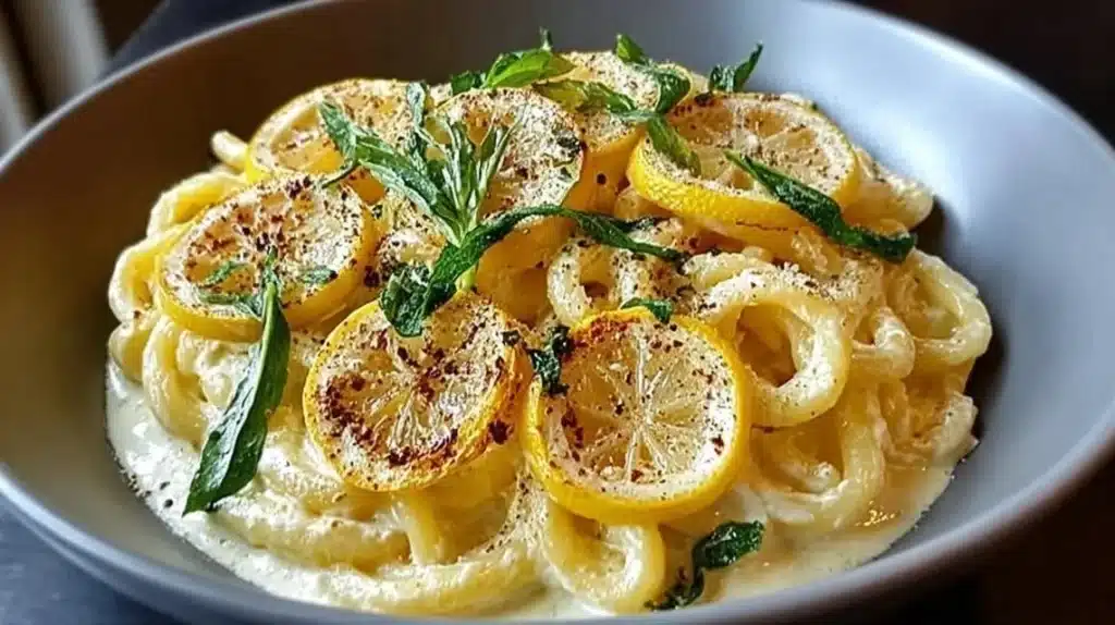 A bowl of creamy lemon ricotta pasta topped with herbs and lemon zest.