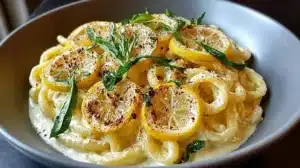 A bowl of creamy lemon ricotta pasta topped with herbs and lemon zest.