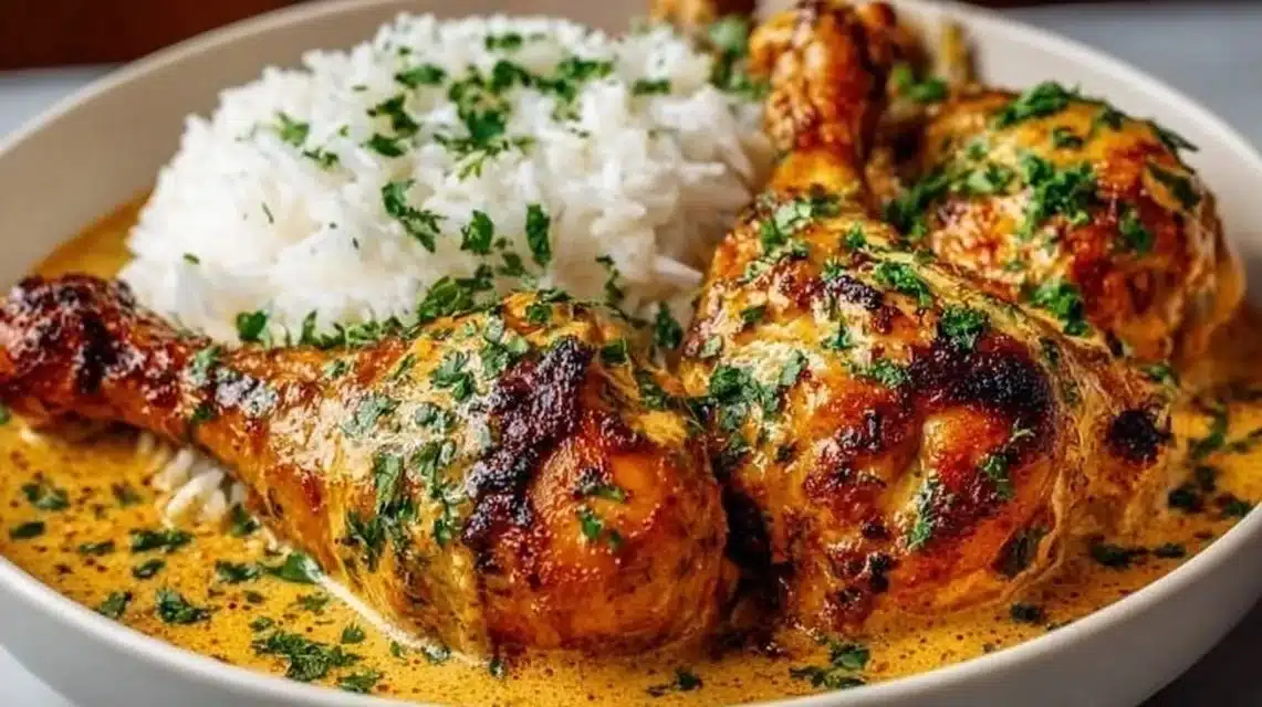 Creamy paprika chicken drumsticks with steamed rice in a delicious plating