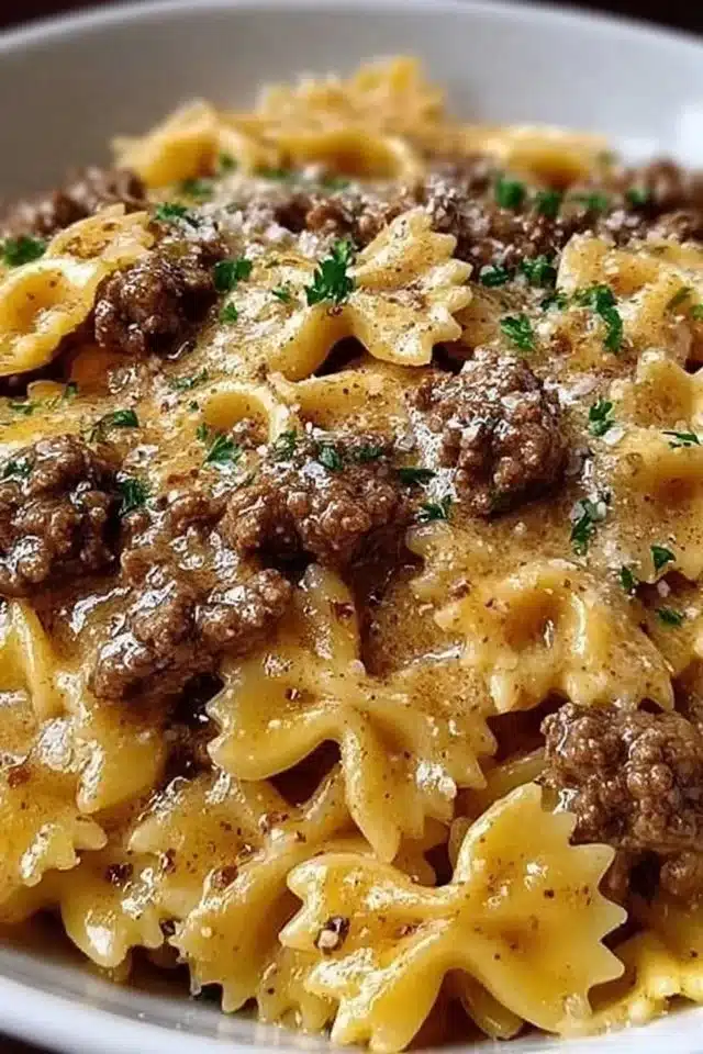 Creamy Parmesan Garlic Beef Bowtie Pasta