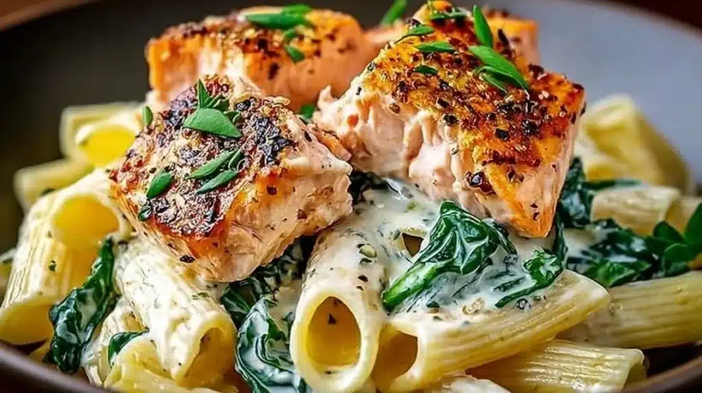 Creamy salmon pasta served in a bowl garnished with herbs