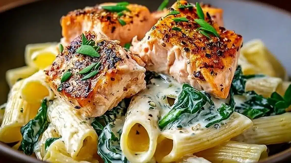 Creamy salmon pasta served in a bowl garnished with herbs