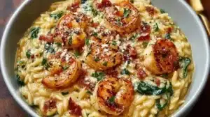 Creamy shrimp orzo dish garnished with herbs and served in a bowl.