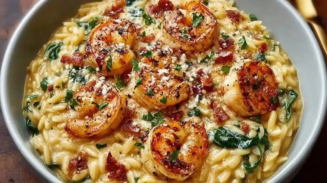Creamy shrimp orzo dish garnished with herbs and served in a bowl.