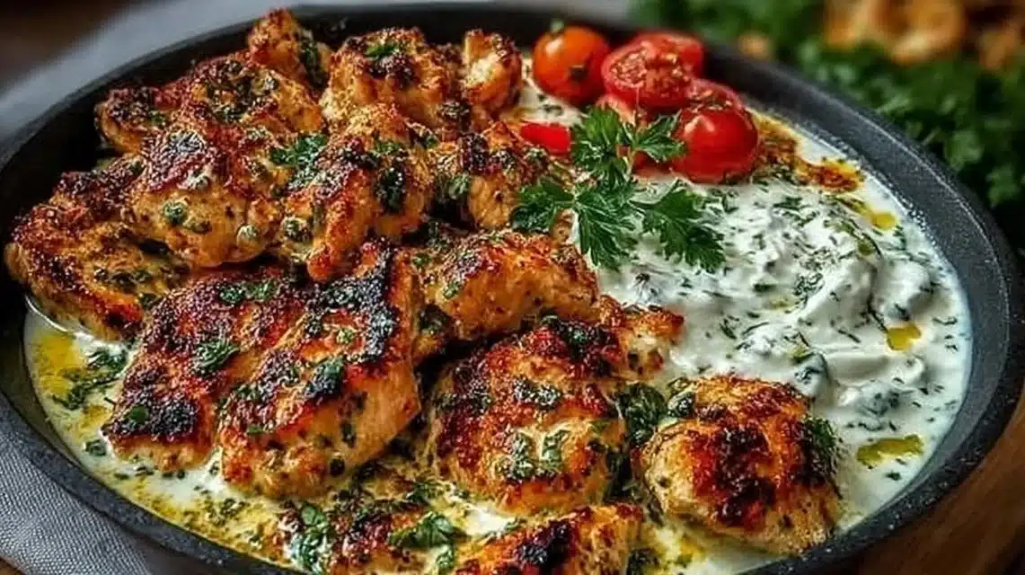 Plate of creamy Turkish chicken cooked in 30 minutes with fresh herbs.