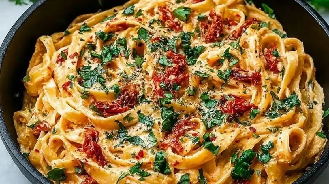 Creamy vegan sun-dried tomato pasta garnished with fresh herbs