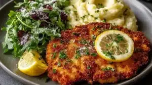 Crispy Chicken Milanese served with lemon and greens on a white plate