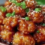 Crispy Chinese Honey Chicken drizzled with honey glaze and topped with sesame seeds
