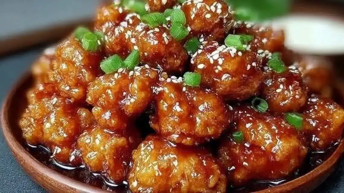 Crispy Chinese Honey Chicken drizzled with honey glaze and topped with sesame seeds
