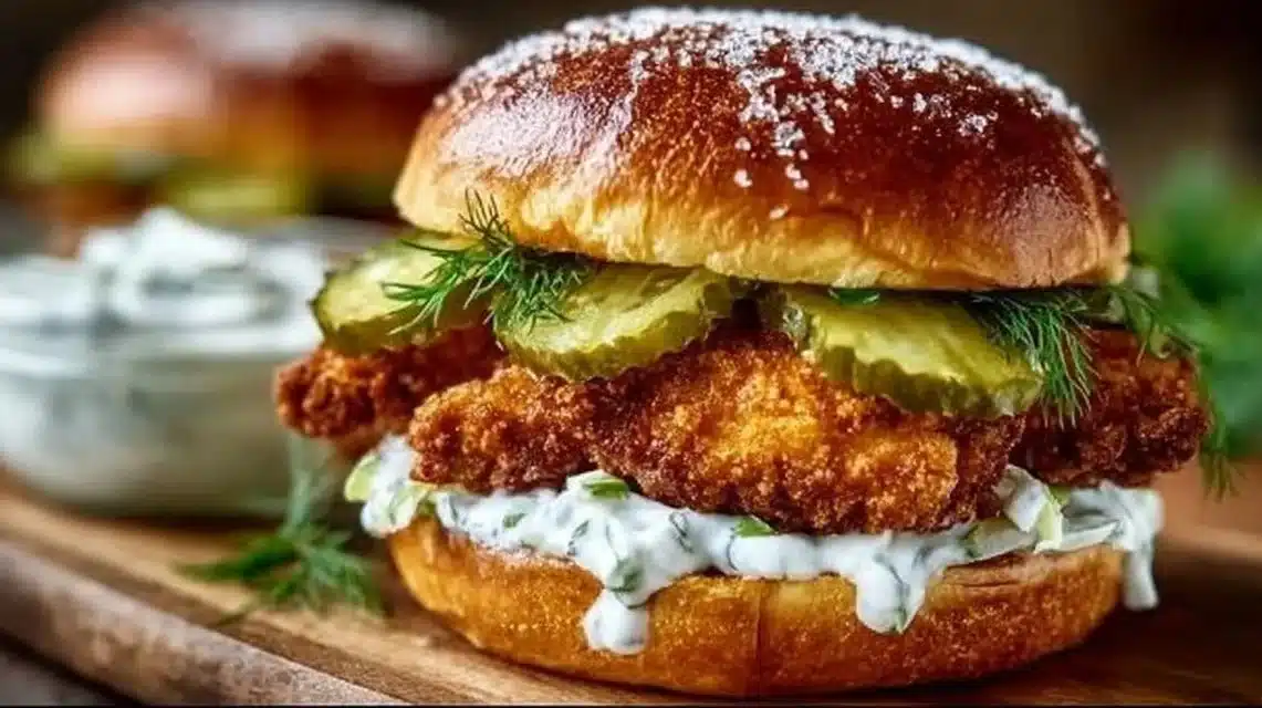 Crispy dill chicken sandwich served with fresh toppings and a crunchy exterior.