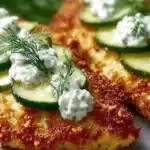 Crispy dill pickle parmesan chicken garnished with fresh herbs
