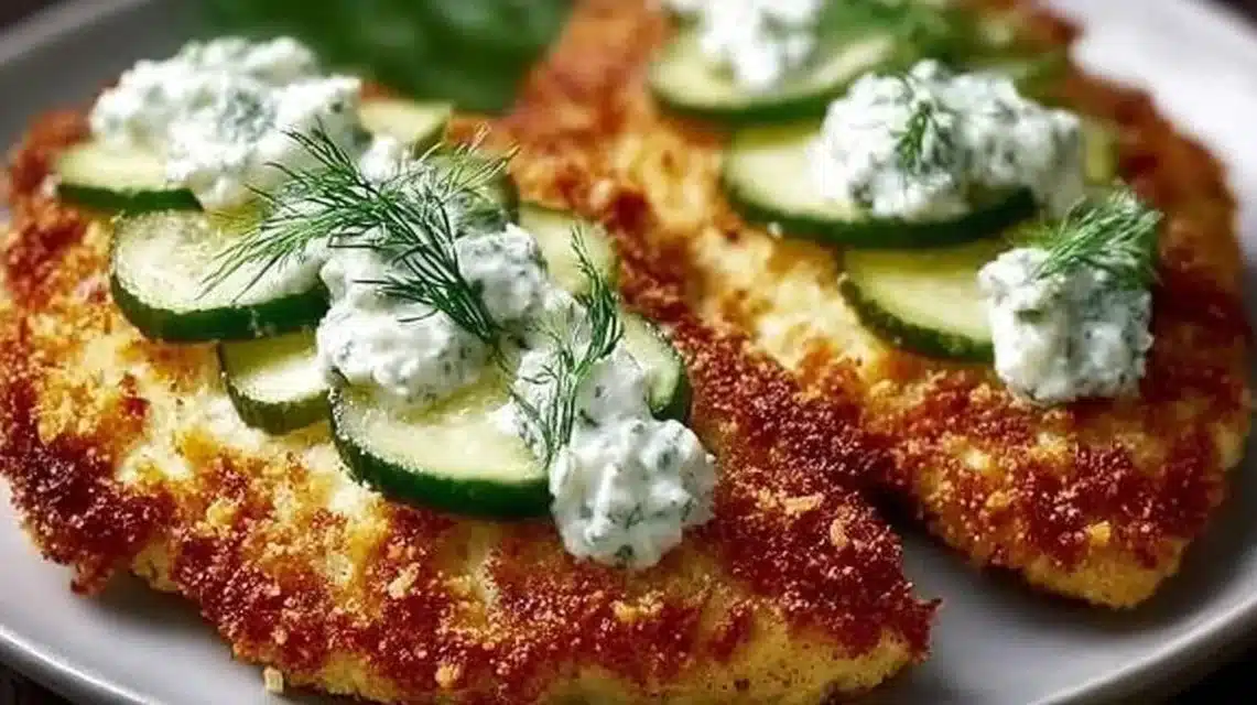 Crispy dill pickle parmesan chicken garnished with fresh herbs