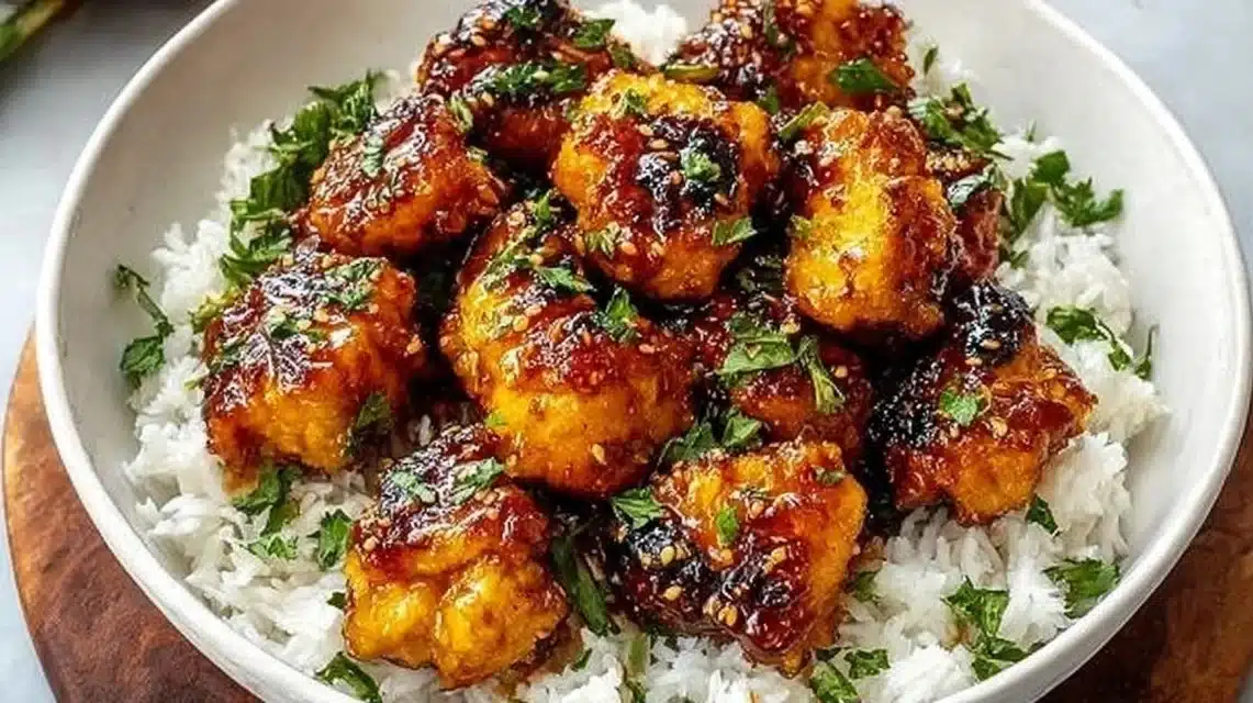 Crispy honey garlic chicken bites served on a plate with garnishes