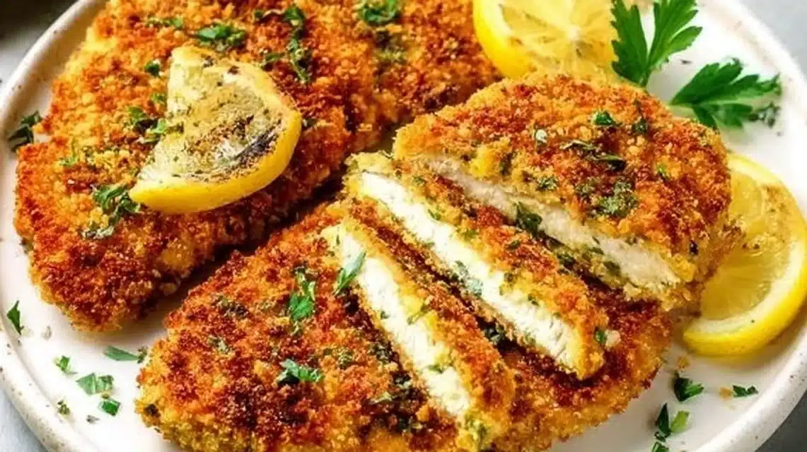 Crispy oven baked chicken cutlets served on a plate