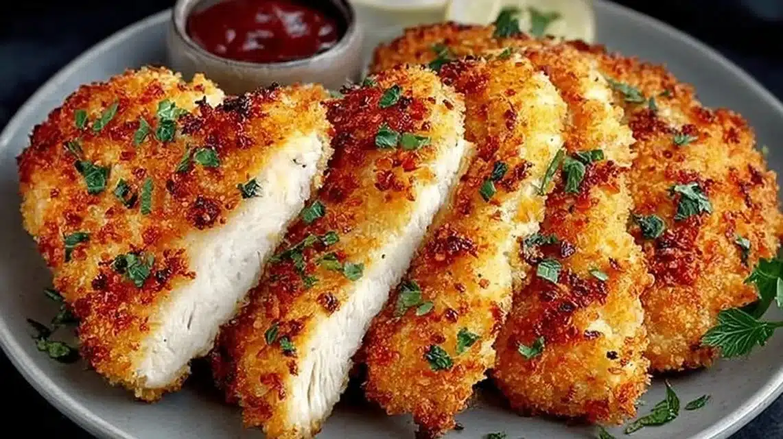 Crispy Parmesan Chicken dish served with herbs and spices