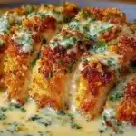 Crispy Parmesan Chicken served with creamy garlic sauce on a plate