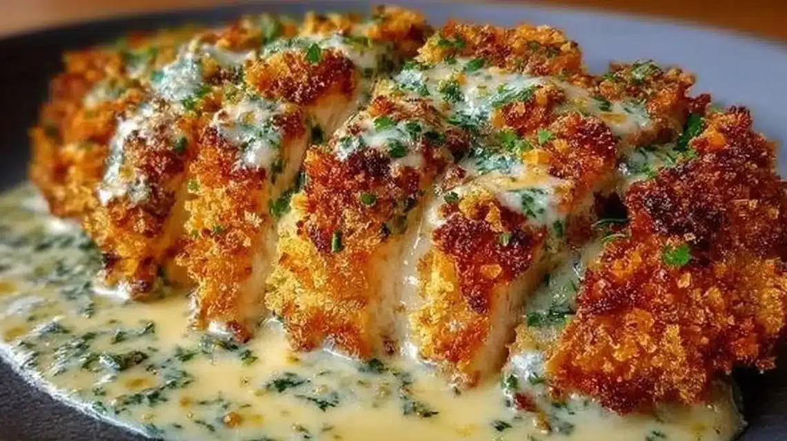Crispy Parmesan Chicken served with creamy garlic sauce on a plate