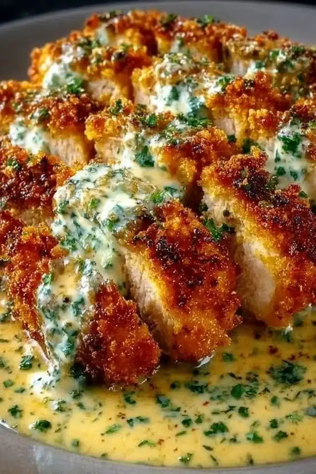 Crispy Parmesan Chicken with Creamy Garlic Sauce