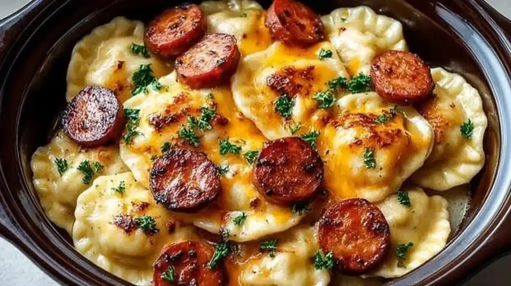 Delicious Crock Pot Pierogi Casserole with Kielbasa served in a bowl