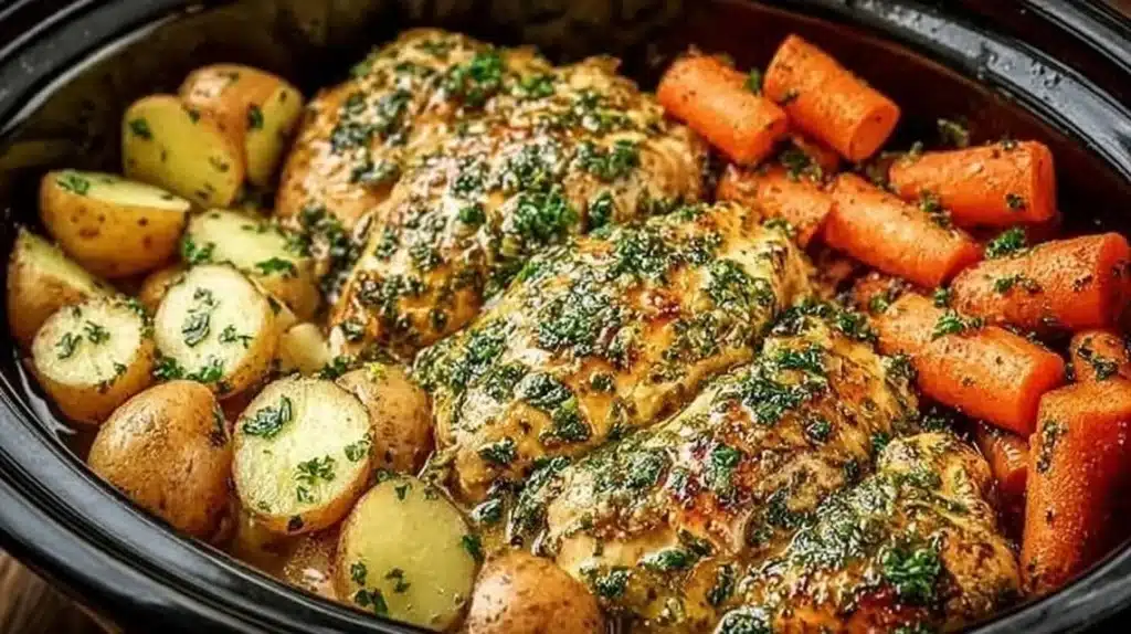 Crockpot Garlic Herb Chicken with herbs and spices in a slow cooker dish.