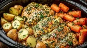 Crockpot Garlic Herb Chicken with herbs and spices in a slow cooker dish.