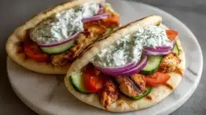 Crockpot Greek Chicken Pitas with Tzatziki served on a plate