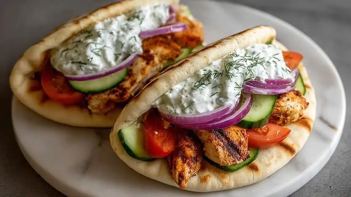 Crockpot Greek Chicken Pitas with Tzatziki served on a plate
