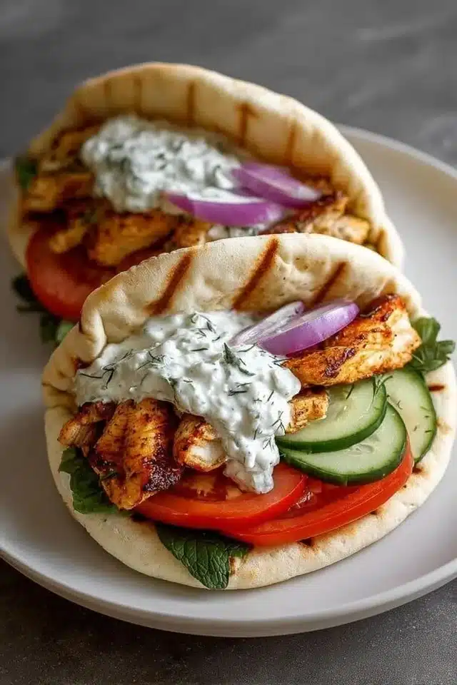 Crockpot Greek Chicken Pitas with Tzatziki