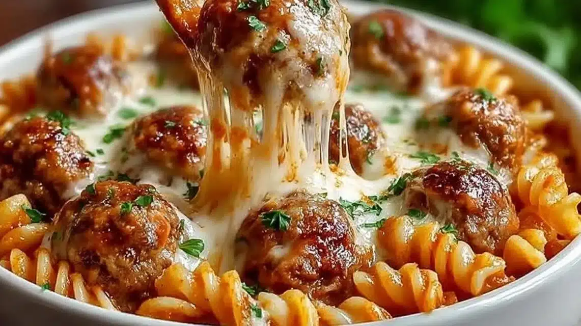 Delicious dump and bake meatball casserole served in a baking dish.