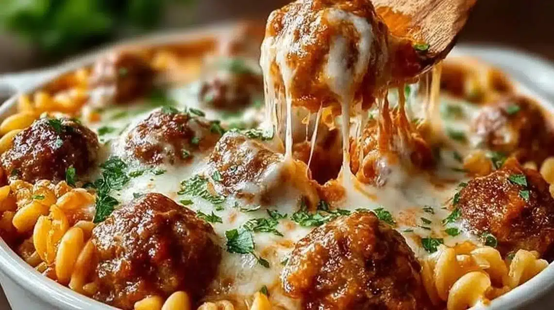 Delicious Dump and Bake Meatball Casserole topped with cheese and herbs
