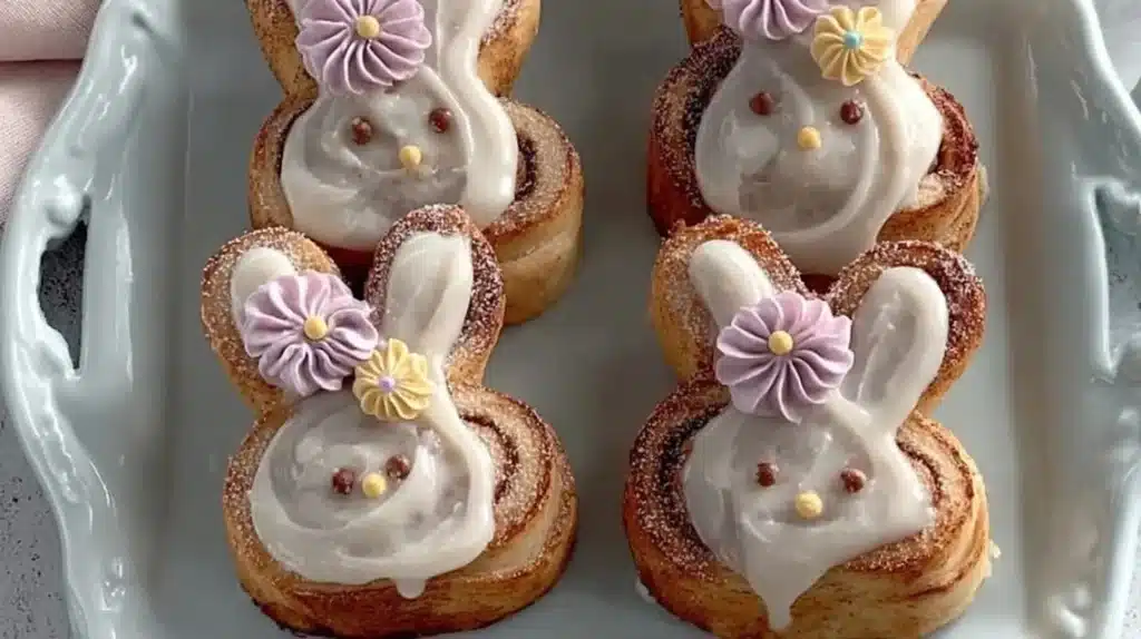 Easter Bunny Cinnamon Rolls decorated with icing and colorful sprinkles