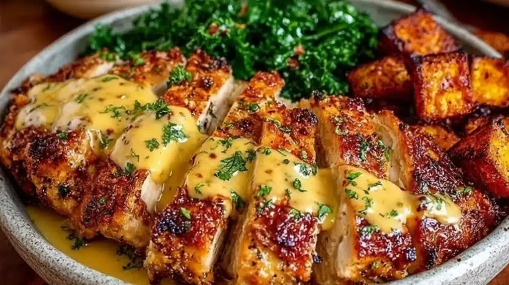 Delicious Maple Dijon Chicken Bowl served with seasonal vegetables