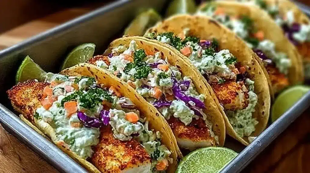 Delicious fish tacos with fresh toppings and vibrant ingredients