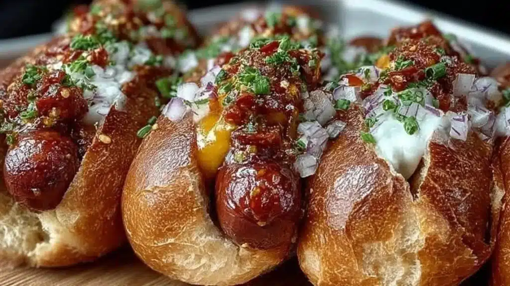 Flavorful firecracker hot dogs topped with spices and served on a bun.