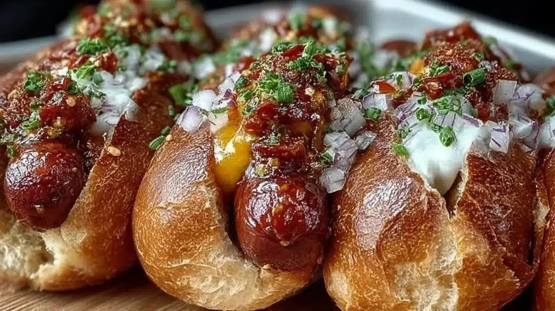 Flavorful firecracker hot dogs topped with spices and served on a bun.