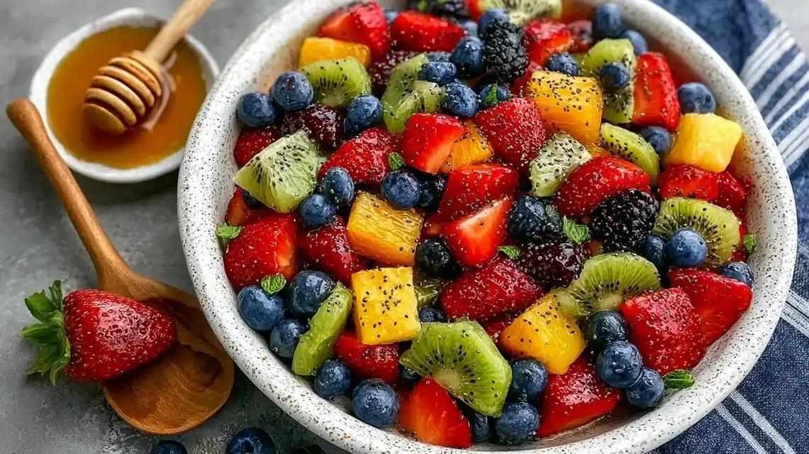 Fresh fruit salad with honey lime poppy seed dressing in a colorful bowl
