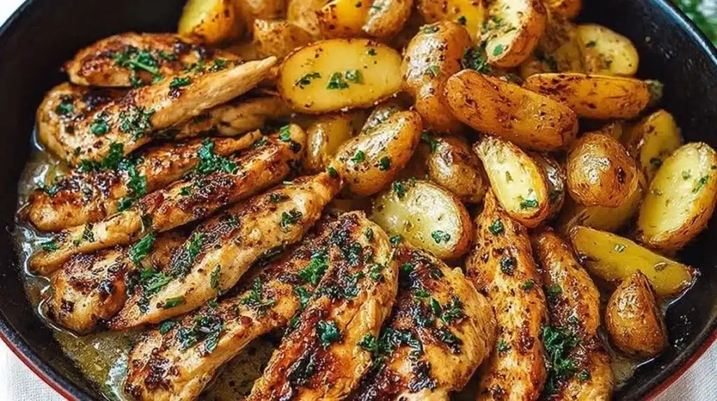 Delicious Garlic Butter Chicken served with flavorful roasted potatoes