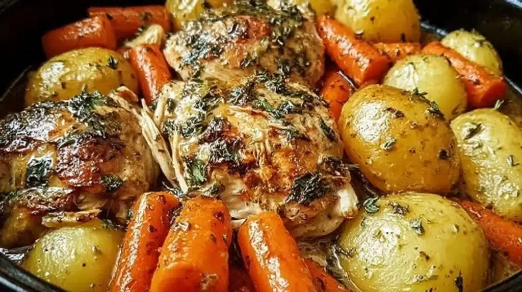 Garlic Butter Chicken with Potatoes and Carrots on a plate