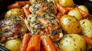 Garlic Butter Chicken with Potatoes and Carrots on a plate