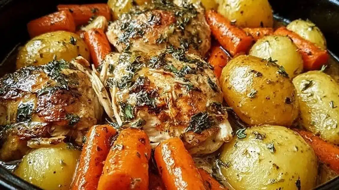 Garlic Butter Chicken with Potatoes and Carrots on a plate
