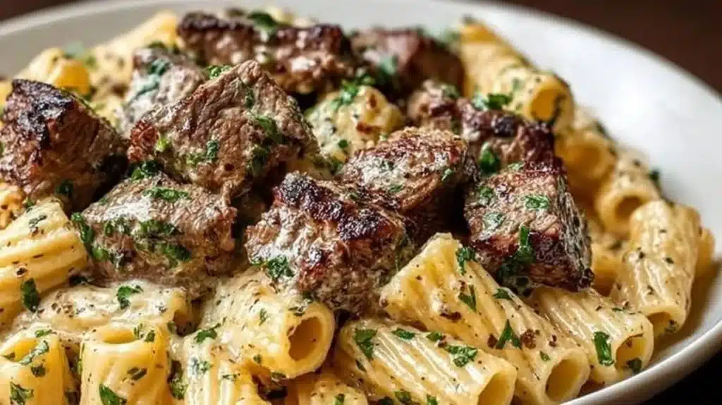 Delicious Garlic Butter Steak Rigatoni with tender steak pieces and a creamy sauce.