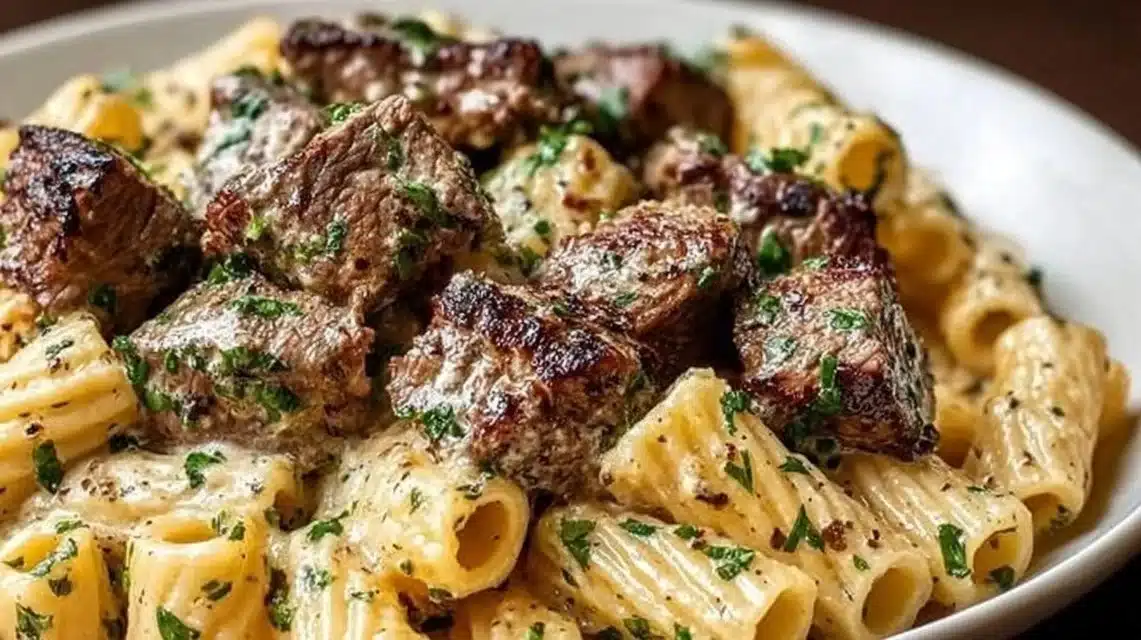 Delicious Garlic Butter Steak Rigatoni with tender steak pieces and a creamy sauce.